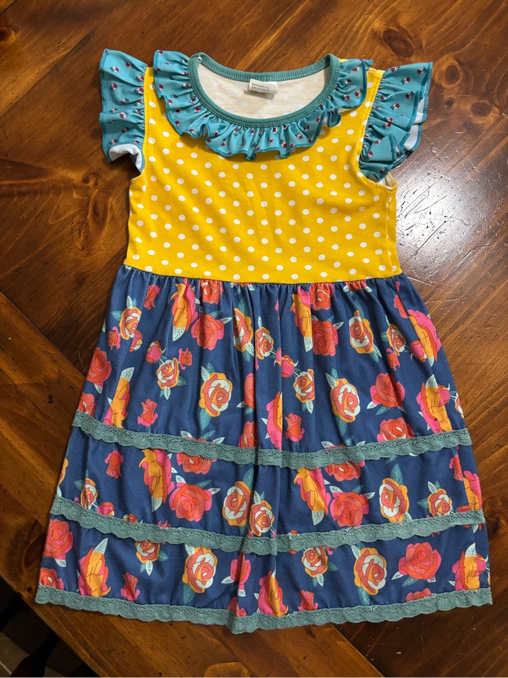 Girls' Yellow Polka Dot & Navy Floral Ruffle Dress